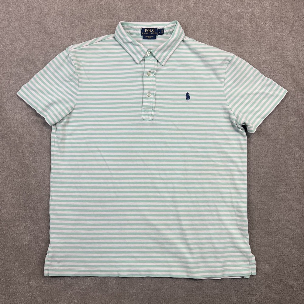Polo Ralph Lauren Polo Shirt Mens Large Green White Striped Featherweight Mesh